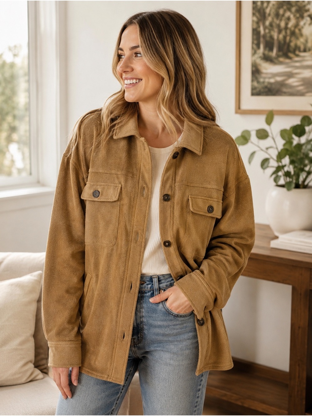 Classic Tan Shacket Jacket - Women's Casual Coat Cozy Fall Minimalist Outdoor